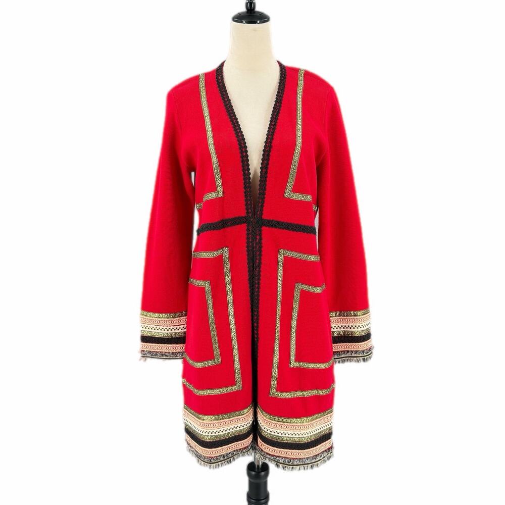 Chico’s Sz 1 Red Black Gold Trim Fringe 100% Cotton Knit Long Cardigan Sweater